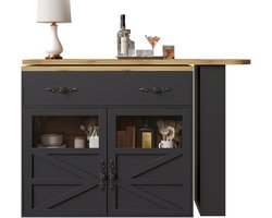 Uitschuifbare barkast met opbergruimte (138-204×39×104cm), 360° draaibare eettafel, moderne beweegbare bartafel, keukeneiland hogere tafel, bistrotafel, zijbuffetkast met planken, zwart