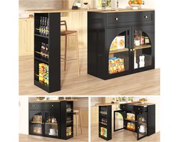 Uitschuifbare Bartafel (138-204x39x104 cm) - 360° Draaibare Zwarte Bar - Beweegbaar Keuken Eiland met Glas & Opbergplanken