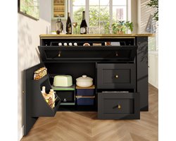 Uitschuifbare Bartafel (138-204x39x105 cm) - Zwarte Bar met Snackplank & Opbergruimte - Telescoop Keuken Eiland / Sideboard