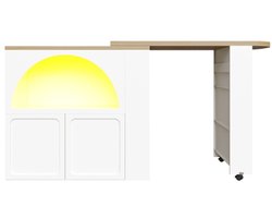 Uitschuifbare Bartafel, Dressoir, Opbergkast, Keukeneiland – Met LED-En Gebogen Deurontwerp – Wit, 135×39×100 cm