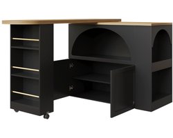 Uitschuifbare Bartafel, Dressoir, Opbergkast, Keukeneiland – Met LED-En Gebogen Deurontwerp – Zwart, 135×39×100 cm