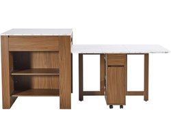Uitschuifbare bartafel met opbergruimte (110-124×78×97,5cm), voor 2-6 personen, kookeiland met 2 lades, 2 open zijplanken en ingebouwd stopcontact, tafelblad van wit gemarmerd MDF, bruin