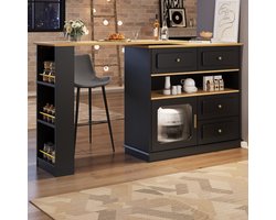 Uitschuifbare bartafel met opbergruimte (125-181 × 39 × 104,5 cm), 360° draaibare eettafel, moderne verplaatsbare bartafel, hoge keukeneiland bistrotafel, dressoirkast met planken en glas, zwart