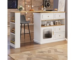 Uitschuifbare bartafel met opbergruimte (125-181 x 39 x 104,5 cm), 360° draaibare eettafel, moderne verplaatsbare bartafel, hoge tafel, keukeneiland, bistrotafel, dressoirkast met planken en glas, wit