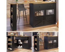 Uitschuifbare bartafel met opbergruimte (138-204 × 39 × 104 cm), 360° draaibare eettafel, moderne verplaatsbare bartafel, hoge keukeneiland bistrotafel, dressoirkast met planken, zwart