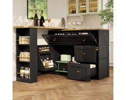 Uitschuifbare bartafel met opbergruimte (138-204 × 39 × 105 cm), keukenkast, dressoir met snackrek, telescopische bartafel, statafel, bistrotafel, hoge tafel, keukeneiland, zwart