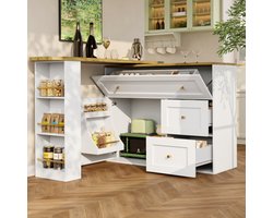 Uitschuifbare bartafel met opbergruimte (138-204 × 39 × 105 cm), keukenkast, dressoir met snackrek, telescopische bartafel, statafel, bistrotafel, hoge tafel, keukeneiland, wit
