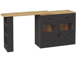 Uitschuifbare bartafel met opbergruimte (138-204×39×104cm), 360° draaibare eettafel, moderne verrijdbare bartafel, hoge tafel keukeneiland bistrotafel, dressoirkast met planken, zwart