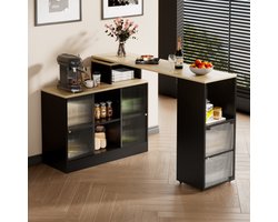 Uitschuifbare bartafel met opbergruimte, moderne verrijdbare bartafel, statafel, bistrotafel, hoge tafel, bistrotafel, grote opbergruimte, rotatie zonder tillen