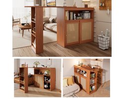 Uitschuifbare bartafel met opbergruimte, rotan vlechtwerk op de deurfronten, verstelbare planken, bartafel bistrotafel hoge tafel keukeneiland keukentafel klein huis bar (138-193×39×104cm)