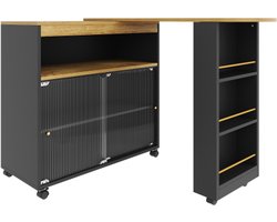 Uitschuifbare bartafel met opbergruimte, verplaatsbare bartafel, telescopische bartafel met LED, bartafel, bistrotafel, hoge tafel, kookeiland, bistrotafel, zwart (138-204×39×105cm)