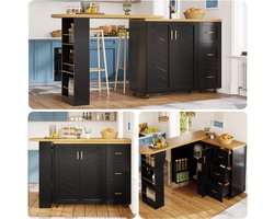 Uitschuifbare Barwagen 135-228x39x104 cm Zwart Mobiele Bar Kast met 2 Deuren 3 Lades MDF Metaal Keuken Eiland Bartafel met Houtlook Werkblad