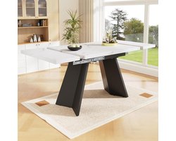Uitschuifbare Design Eettafel Marmerlook Zwart/Wit 99–159 x 74 x 77 cm – Moderne Keuken-, Eetkamer- en Woonkamertafel met Uitschuifbaar Systeem, Carbon Stalen Frame en Stabiele Platte Poten