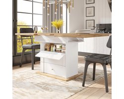 Uitschuifbare Eettafel 110-140 cm met Opbergruimte – Inklapbare Keukentafel met Drie Planken en Draaideur, Multifunctionele Telescopische Eettafel voor 4-6 Personen, Wit – Meda Home Store