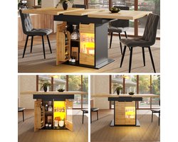 Uitschuifbare eettafel 110-140x80 cm - keukentafel - geschikt voor 4-6 personen - met LED-verlichting - met snackrek en kastdeuren