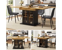 Uitschuifbare eettafel 110-140x80 cm - keukentafel - geschikt voor 4-6 personen - tafel met wijnrek - bruin glazen deur