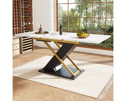 Uitschuifbare Eettafel (120-160 × 80 cm), Telescopische Eettafel, Keuken-/Woonkamertafel, Uitschuifbaar tot 160 cm met Behulp van een Intern Verlengstuk, Eettafel met Gouden Kruispoten