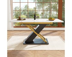 Uitschuifbare eettafel 120-160×80 cm - tafel voor keuken en woonkamer - met gouden kruisvormige tafelpoten - wit tafelblad