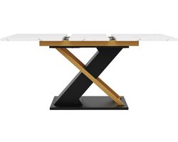 Uitschuifbare eettafel (120-160×80cm), keuken-woonkamertafel, uitschuifbare tafel, uitschuifbaar tot 160cm met behulp van een intern inzetblad, eettafel met gouden kruispoten
