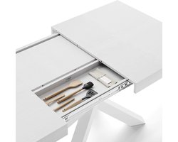 Uitschuifbare Eettafel 140-220 x 90 cm Moderne Luxe Eettafel voor 6-10 Personen met Metalen Kruispoten en Opbergruimte Waterafstotend Wit Essenhout Made in Italy Urbanhome