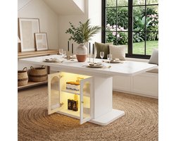 Uitschuifbare Eettafel 150/200 cm - Moderne Scandinavische Tafel Met Opbergruimte - Marmerlook Wit MDF Tafel Voor 6-8 Personen - LED Verlichting Met App Bediening - Grote Eettafel Voor Woonkamer