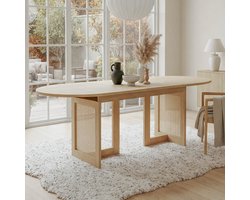 Uitschuifbare Eettafel 150/200x90 cm - Moderne Eettafel Met Rond Afgerond Blad, Rotan Look Poten, MDF Tafel Voor 6-8 Personen - Eikenlook