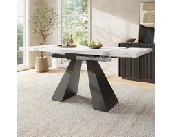 Uitschuifbare Eettafel 99-159 cm – Moderne Marmeren Tafelblad met Kolompoten, Keuken- en Woonkamertafel voor Thuiswerk, Studeren of Familie-etentjes, Zwart & Wit – Meda Home Store