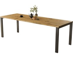 Uitschuifbare Eettafel Ambachtelijk Eiken - Rechthoekig Design - 12 Personen - Robuust Houtfineer & Stabiel Frame - Industrieel Zwart Onderstel