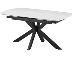 Uitschuifbare Eettafel Ares 160-240 x 90 cm – Deens Ovalen vorm – Witte Marmerlook – Zwart Metalen Onderstel