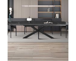 Uitschuifbare Eettafel Ares 160-240 x 90 cm – Deens Ovalen vorm – Zwarte Marmerlook – Zwart Metalen Onderstel