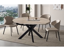 Uitschuifbare Eettafel Athéna 140 x 90 cm – Rond Ø140 cm – Beige Steenlook- Zwart Metalen Onderstel