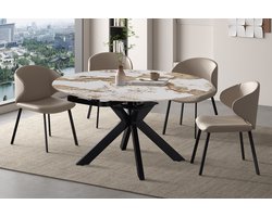 Uitschuifbare Eettafel Athéna 140 x 90 cm – Rond Ø140 cm – Glanzende Marmerlook – Pandora Goudbruin - Zwart Metalen Onderstel