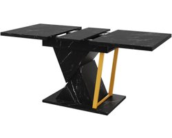 Uitschuifbare eettafel heeft een afmeting van 110 × 80 × 76 cm en is geschikt voor 6 personen. Hij kan worden uitgeschoven tot 140 cm en wordt geleverd met een zwart houten blad. Hij is geschikt voor eetkamers, keukens en terrassen.