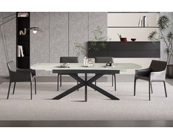 Uitschuifbare Eettafel Hestia 180-220 x 90 cm – Deens Ovalen vorm – Beige Marmerlook – Glanzend Blad – Zwart Metalen Onderstel
