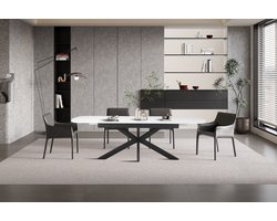 Uitschuifbare Eettafel Hestia 180-220 x 90 cm – Deens Ovalen vorm – Witte Marmerlook – Zwart Metalen Onderstel