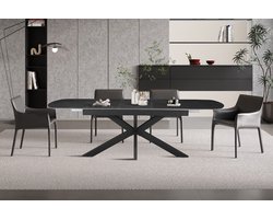 Uitschuifbare Eettafel Hestia 180-220 x 90 cm – Deens Ovalen vorm– Zwarte Marmerlook – Zwart Metalen Onderstel
