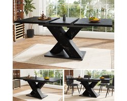 Uitschuifbare Eettafel in Zwart met Marmerlook, Moderne X-vormige Eettafel, Verlengbare Tafel - Uitschuifbare Tafel voor 4-6 personen, Stevige Metalen Rail, voor Keuken en Eetkamer