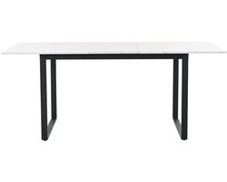 Uitschuifbare eettafel koffietafel bureautafel vergadertafel multifunctionele tafel met wit tafelblad in imitatie marmerlook en stevige zwarte metalen tafelpoten met geometrisch ontwerp 140/180 x 80 x 75 cm