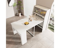 Uitschuifbare eettafel, L52/132,5*B80*H76 cm, eenmalige uitschuifbare tafel, eetkameropbergkast, eettafel met opbergruimte, rechthoekige eettafel, koffieloungetafel, ruimtebesparende multifunctionele eettafel, wit
