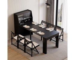 Uitschuifbare Eettafel met Dressoir & Glazen Deur 180 cm – Multifunctionele 3-Standen Tafel met Opbergruimte (85 x 180 x 128 cm) voor 2-6 Personen, Modern Zwart Design