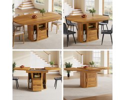 Uitschuifbare eettafel - ronde tafel - uit te breiden tot een ovale vorm - geschikt voor 6 personen - drie lagen opslag - walnotenkleur