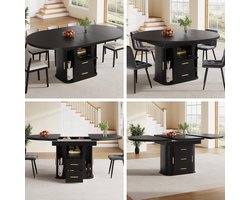 Uitschuifbare eettafel - ronde tafel - uit te breiden tot een ovale vorm - geschikt voor 6 personen - drie lagen opslag - zwart