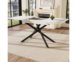 Uitschuifbare Eettafel, Telescopische Eettafel (120-160 cm), Ruimtebesparende Keukentafel, Zwarte Gekruiste Ijzeren Poten, voor Keuken en Woonkamer, Witte Marmeren Eettafel