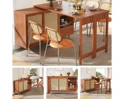 Uitschuifbare Hoge Tafel (107x40x71 cm) - 360° Draaibaar met Rotan Deur & Open Plank - Bruine Design Stehtisch voor Keuken of Eetkamer