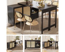 Uitschuifbare Hoge Tafel (107x40x71 cm) - 360° Draaibaar met Rotan Deur & Open Plank - Zwarte Design Stehtisch voor Keuken of Eetkamer