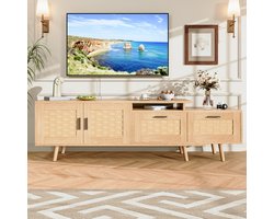 Uitschuifbare Houten TV-Meubel - Geschikt voor Tot 75" TV, TV-kast TV-standaard, Rotan Weefsel Design met 2 Laden en 2 Deuren, 169x30x44 cm