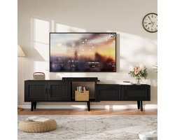 Uitschuifbare Houten TV-Meubel - Geschikt voor Tot 75" TV, TV-kast TV-standaard, Rotan Weefsel Design met 2 Laden en 2 Deuren, 169x30x44 cm, Zwart
