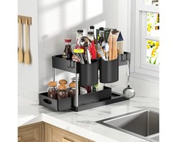 Uitschuifbare Kastorganizer (2 Lagen) - Zwart Opbergsysteem met Lade en Haakjes - Perfect voor de Keuken, Badkamer of Voorraadkast