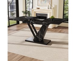 Uitschuifbare Marmerlook Eettafel 120–160 x 75 x 75,5 cm – Telescopische Keukentafel met Metalen Frame en Inzetstukken – Zwart Marmer Design Dining Table