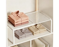 Uitschuifbare metalen draadplank organizer - Verstelbaar in lengte van 38-62 cm - Stapelbaar opbergrek voor kledingkast/keuken/voorraadkast/badkamer/schoenenkast/gereedschapskast - Wit